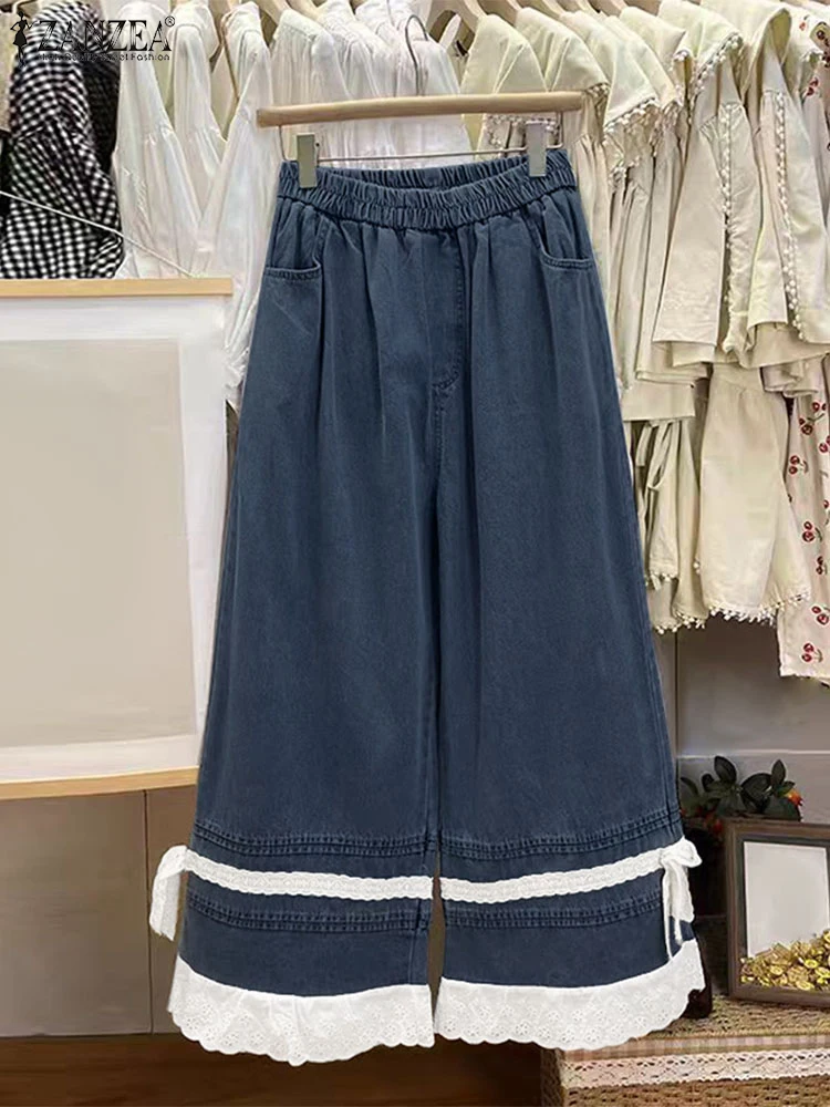 

ZANZEA Women Elegant Long Trousers Lace Patchwork Fashion Pants 2025 Elastic Waist Casual Loose Pockets Vintage Wide Leg Pants