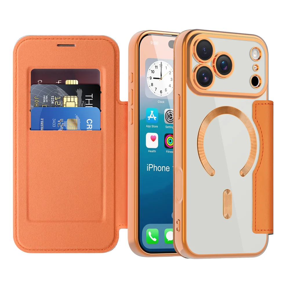 Voor Magsafe Clear Flip Leather Slot Card Bag Holder Magnetische telefoonhoes voor iPhone 17 Pro Max Air Wireless Charging Wallet Cover