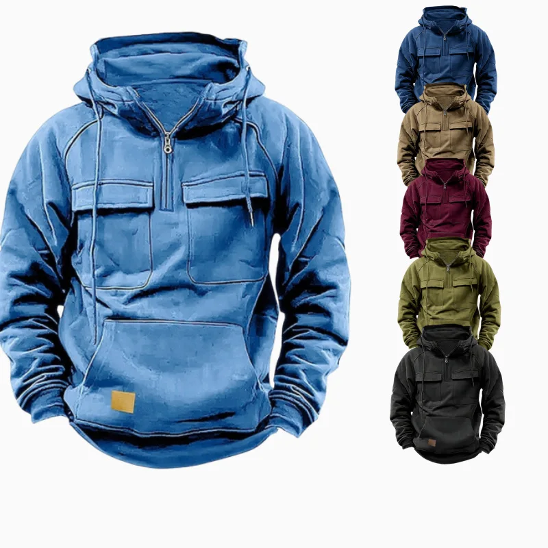 Men's Casual Polyester Hoodie Drawstring Multi-Pocket Tactics Pullover Sports Hiking Running Weekend Wear Spring Fall Season