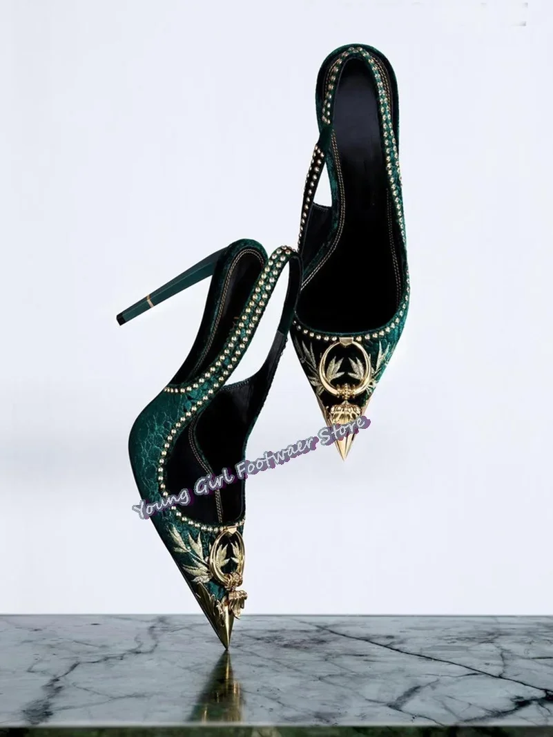 Green Embroidered Version Metal Buckle Decoration Women's Sandals Metal Head Rivet Decoration Back Strap  Luxury High Heels