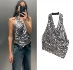 Sexy Top Women Fashion Sequin Crop Top Woman Clothing Hanging Neck Y2k Tops Cropped Asymmetric Corset Women Backless Tops