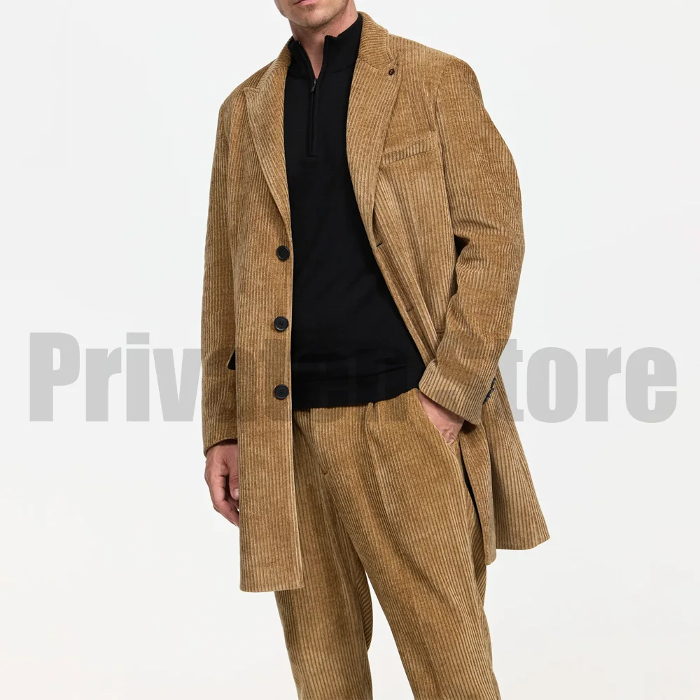 Men Suits for Men ، Men's Corduroy Two-piece Suit Winter Man Suit Mid-length Jacket Mens Suites Men's Formal Kit Trends Costumes