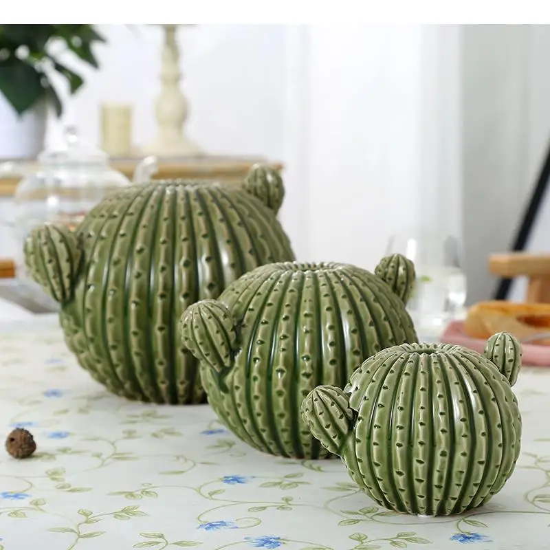 Ceramic Vase Cactus Spines Simulation Plant Flower Arrangement Round Crafts Home Decoration Ornaments