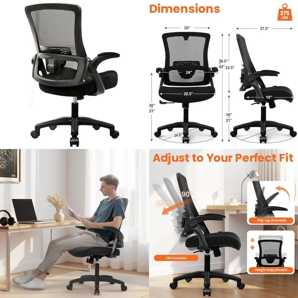 

Эргономичное офисное кресло с высокой спинкой, сетчатой обивкой, регулируемыми подлокотниками и поясничной поддержкой для комфортного использования дома (черное)