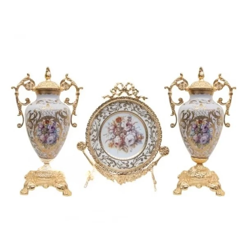 

Luxury antique porcelain and gold brass decorative centerpiece set of floral painted vases with ornate European plates