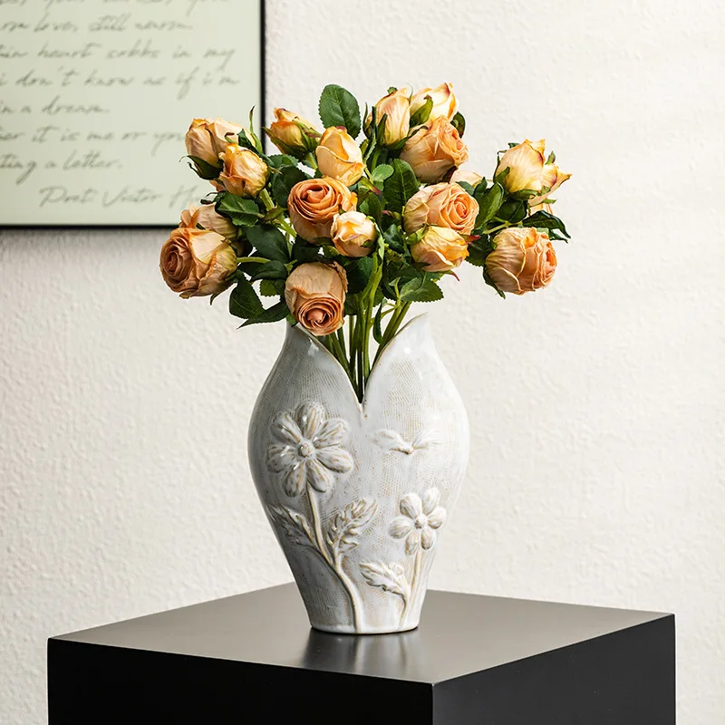CAPIRON Retro Ceramic Fish Vase Wabi Sabi Home Living Room Decoration Centerpiece Flower Container for Dried Flower Pampas Grass