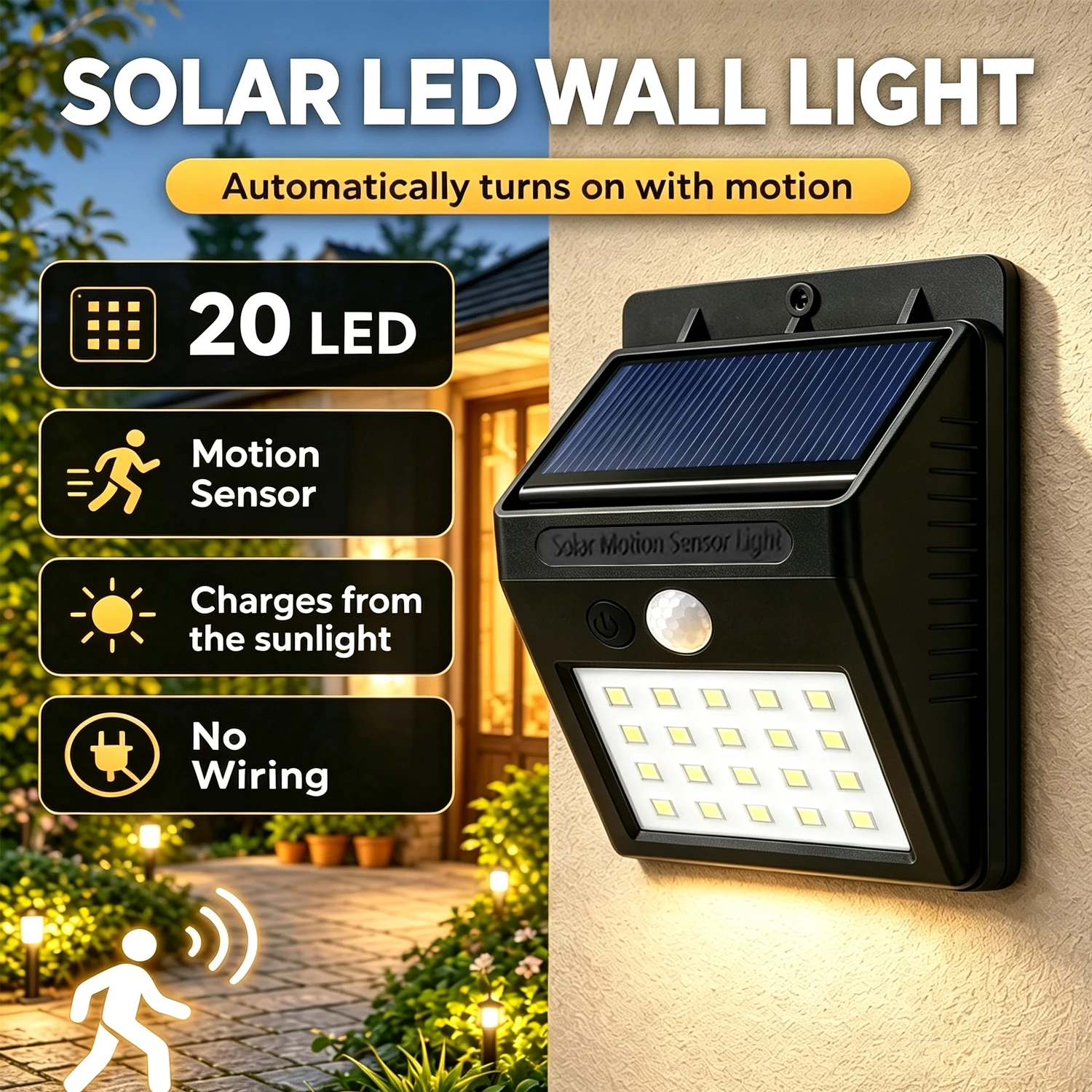 20/30/100LED Solar Lights Outdoor 3 Modes Waterproof Motion Sensor Security Lighting LED Wall Street Lamp for Garden Porch Light