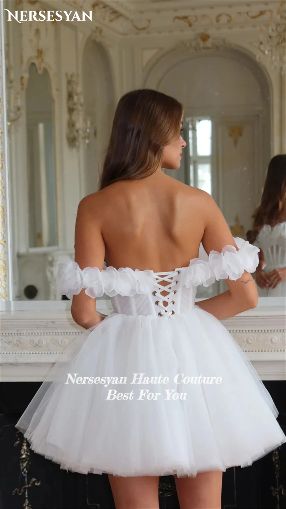 Nersesyan Puur Ruches 3d Bloemen Trouwjurken Off Shoulder A-Lijn Mini Rugloze Kanten Bruidsjurken Corest Vestidos De Novia