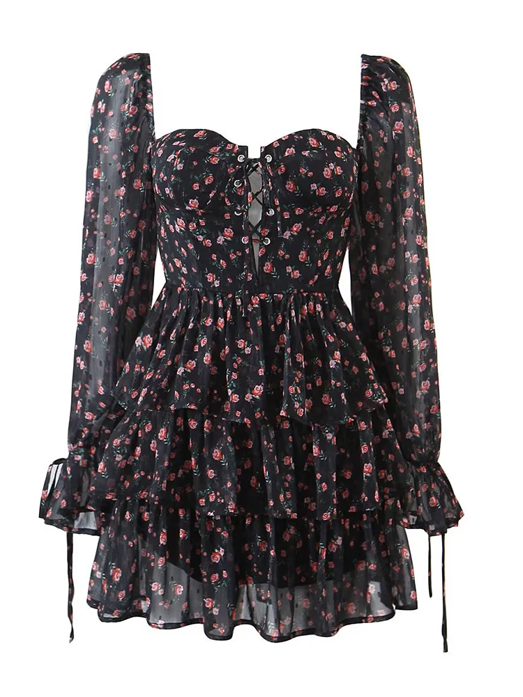 E 2022 Fashion Women Vintage Floral Print Chiffon Sexy Semi-Sheer Long Sleeve Layered Ruffle Ladies Short Dress