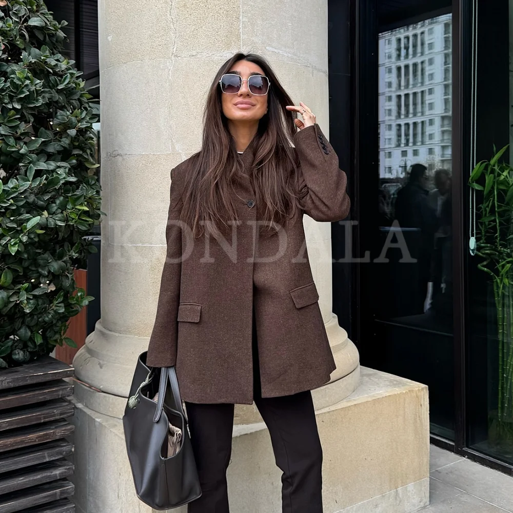 

KONDALA 2026, осенне-зимние элегантные офисные женские пиджаки, модные повседневные коричневые однобортные женские пиджаки с полувысоким воротником