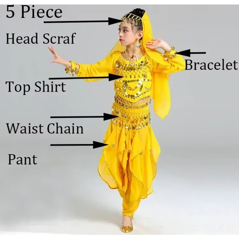 

Dance Wear Children Belly Dance Costume Set Girls Indian Flowers Outfit 5pcs (Top Belt Skirt Veil Headpiece)