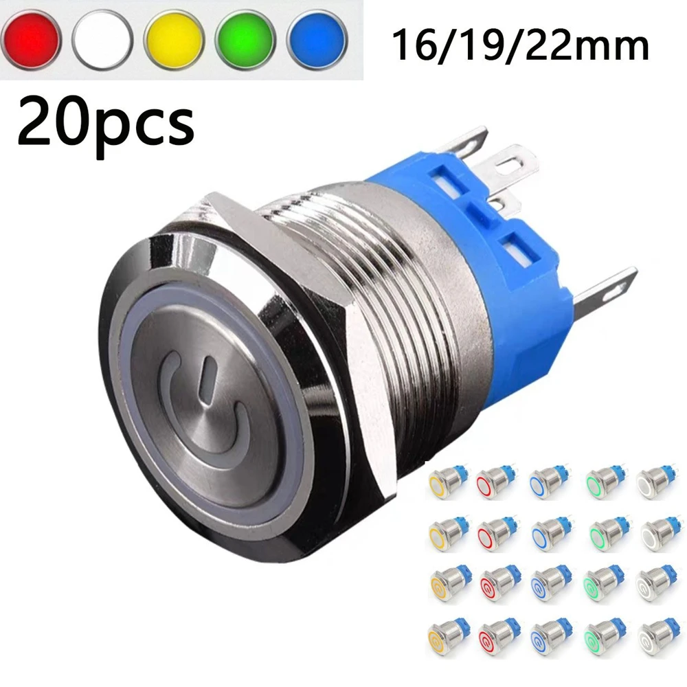 

20pcs 16/19/22mm PC Power LED Light Metal Button Switch Waterproof Flat head 3V 5V 6V 12V 24V 220V Momentary Latching Red Yellow