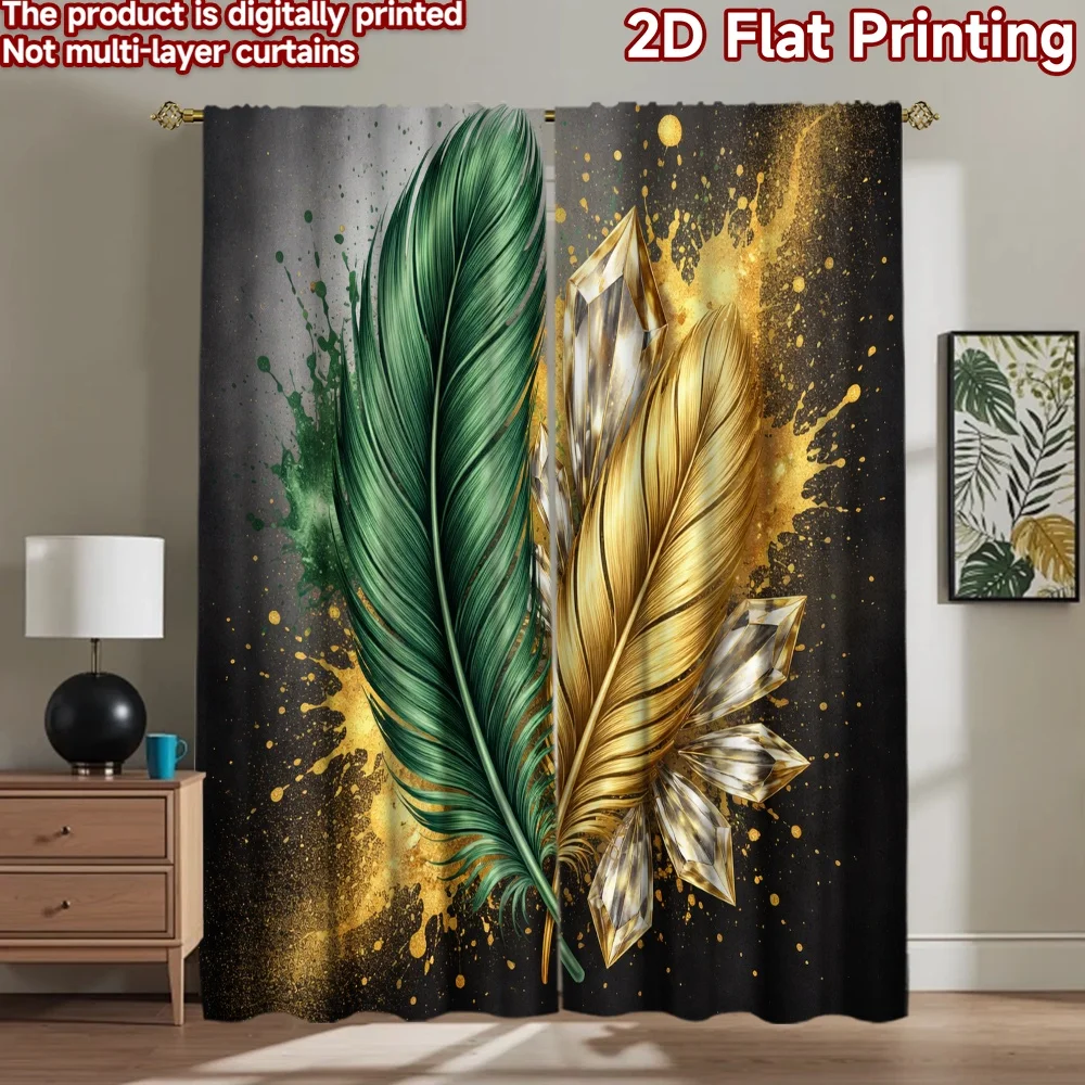 2D-Flachdruck, 2 Stück Vorhänge, Fenstervorhänge, goldene und grüne Federn, digital bedruckte Polyester-Vorhänge, Feiertagsdekorationen