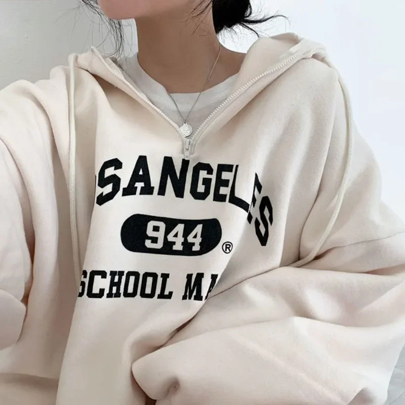 Fashion Letter Print Sweatshirts Women Autumn Winter Loose Preppy Thick Warm Hoodies Harajuku Casual Zipper Hooded Pullovers