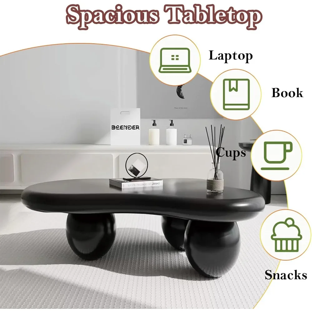 Asymmetric Black Coffee Table with 3 Stable Ellipsoid Leg, Modern Stylish Cloud Center Table - Cafe Books Laptop Snacks