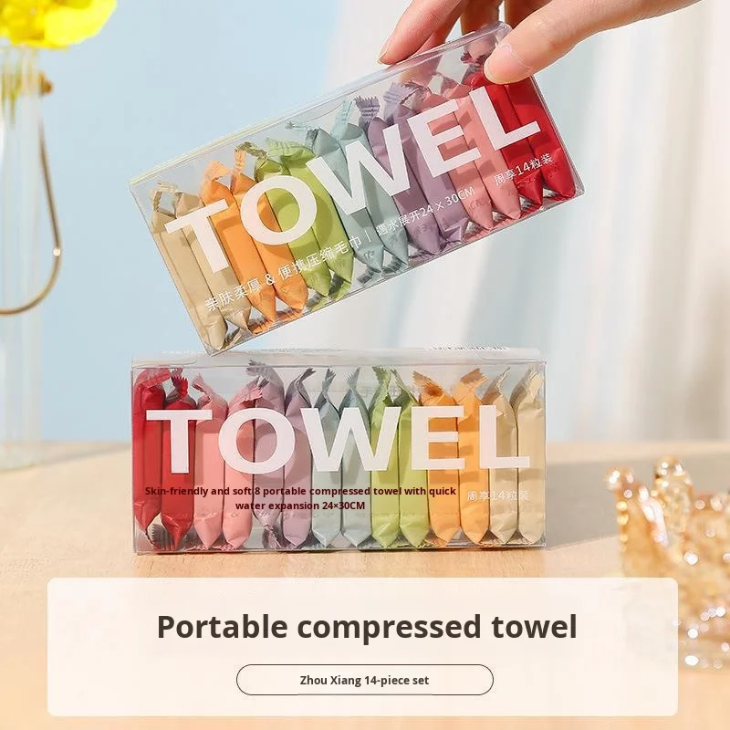 Colorful Compressed Cotton Disposable Towel 14Pcs, Thickened Nonwoven Portable Pocket Face Bath Towel for Travel