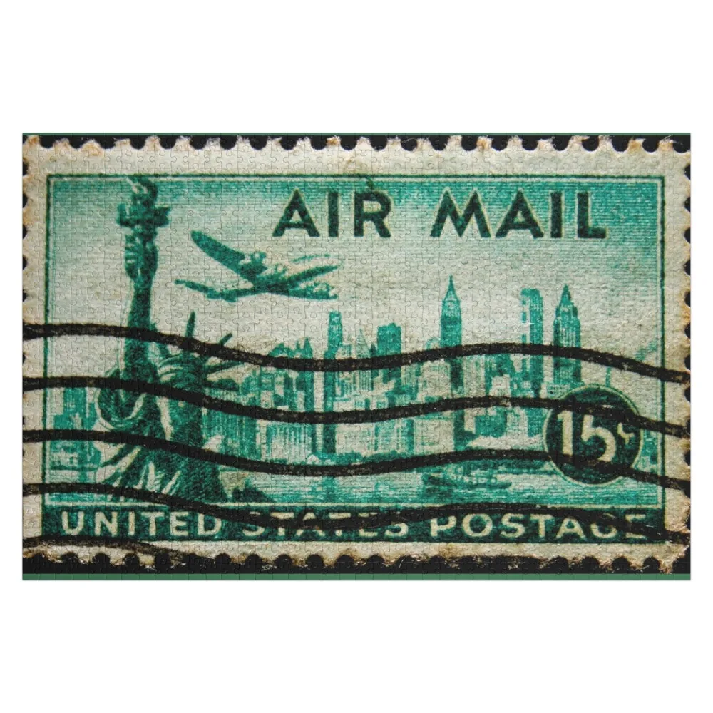 

Old postage stamp from USA 15 cents with statue of liberty Jigsaw Puzzle Wooden Adults Custom Name Child Toy Puzzle