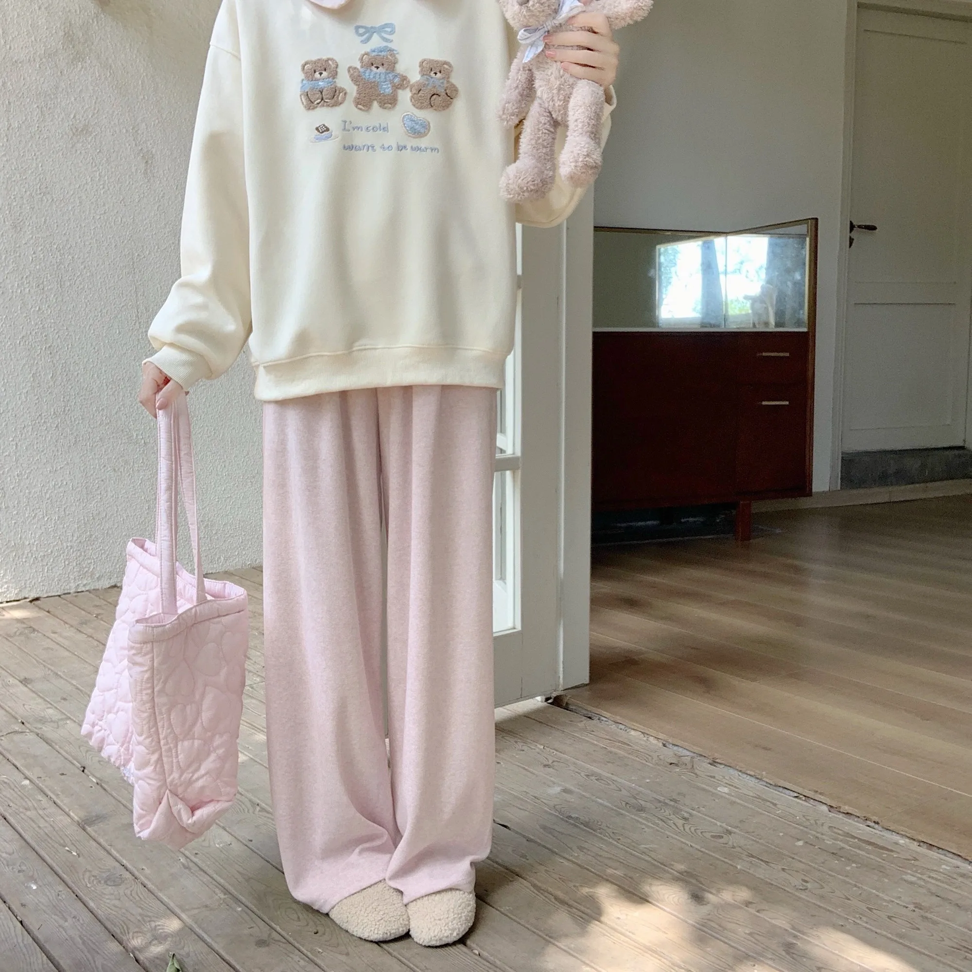 

Early Autumn High Waist Draped Feel Dstring Fce like Straight Leg Pants Lazy Wide Leg Pants Casual Trousers for Women