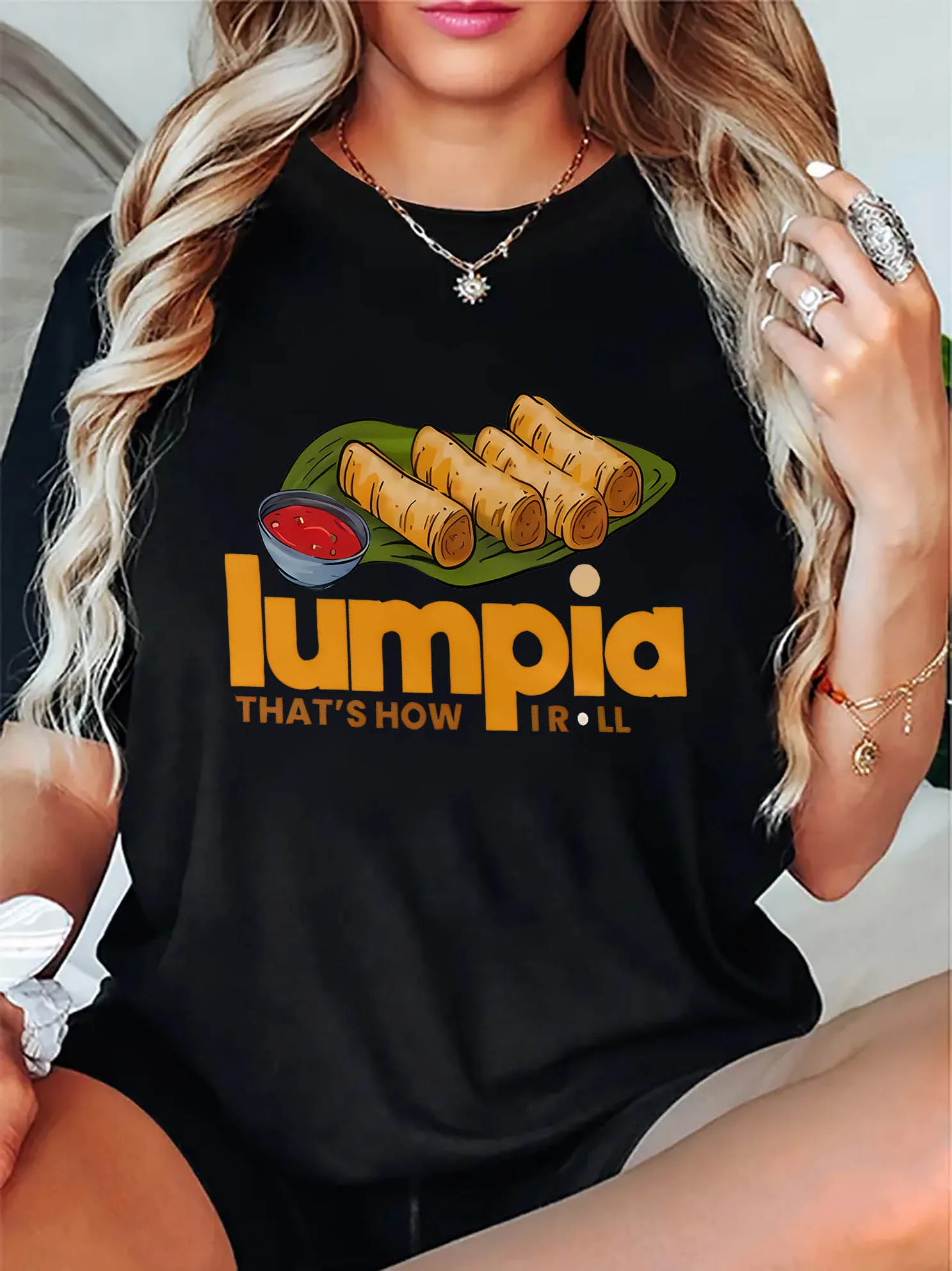 

Женская повседневная футболка с круглым вырезом и графическим принтом Lumpia, повседневная одежда с геометрическим рукавом в стиле Харадзюку, уличная эстетичная одежда