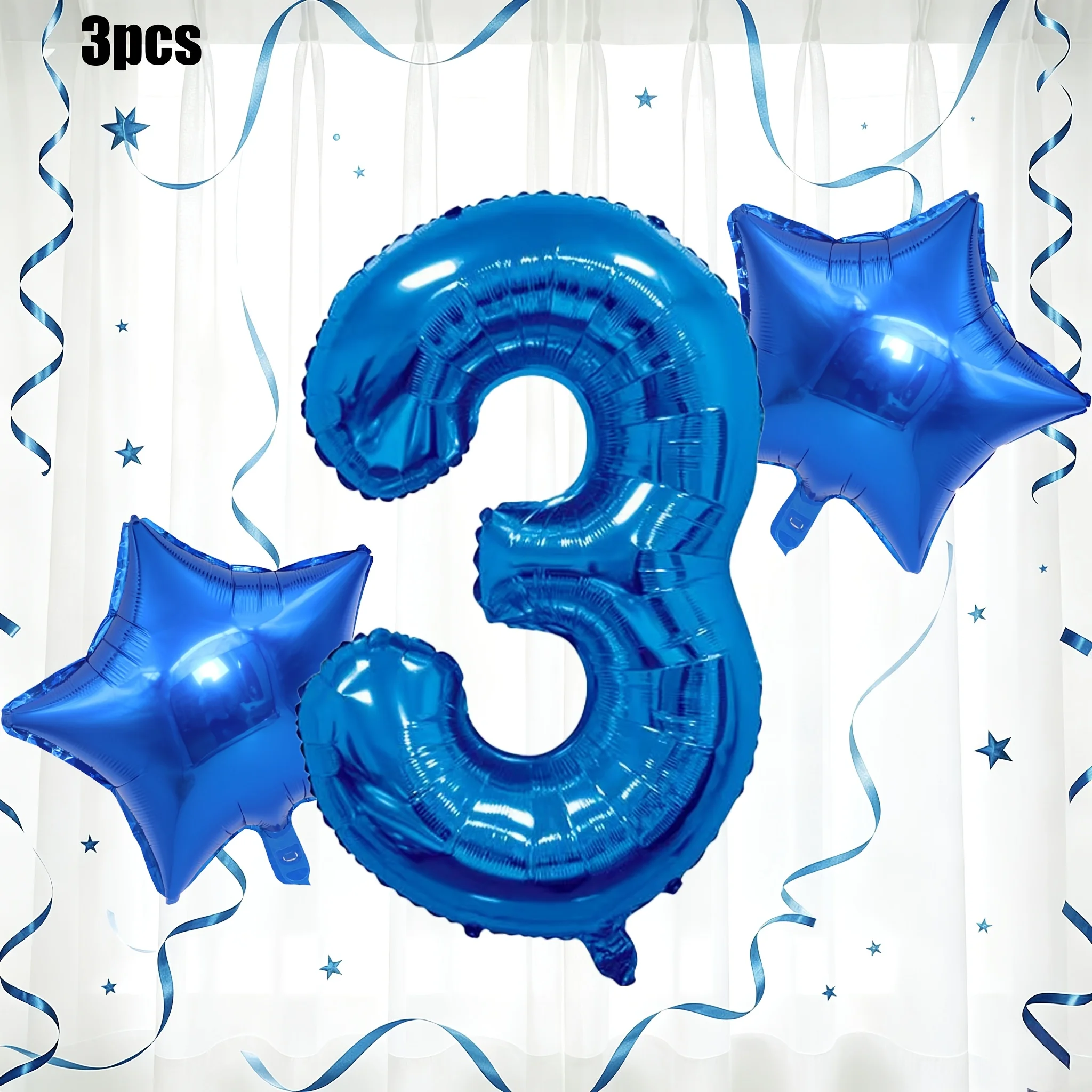 3Pcs- 32inch Birthday Number Balloons 0-9, Blue Balloon Theme, Star-Shaped Foil Balloons for Birthday Party Decor Party Supplies