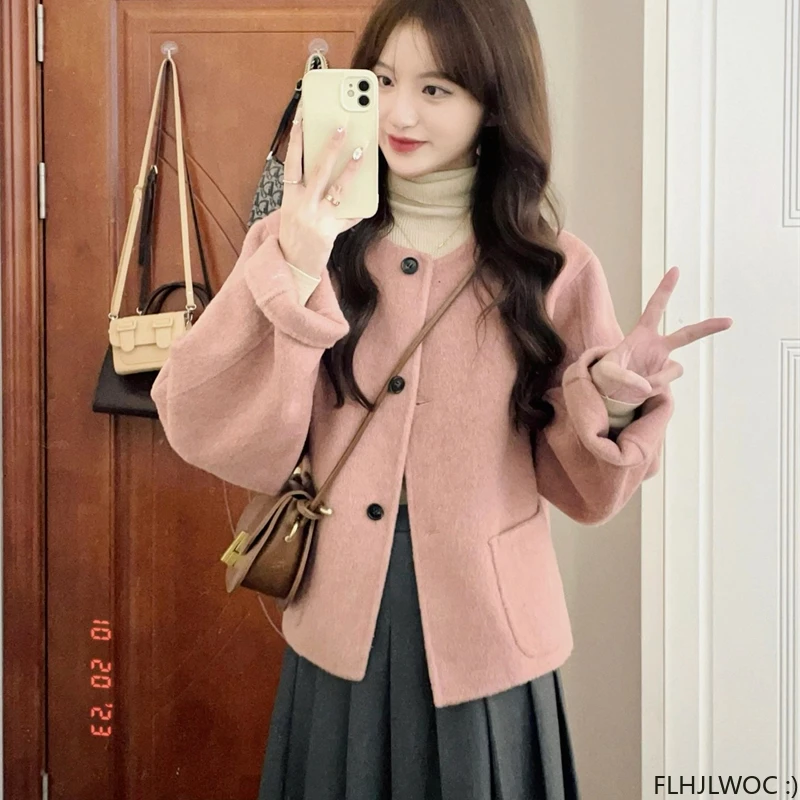 Cute Short Jackets Pink Retro Vintage Preppy Design Chic Korea Japan Style Girls Office Lady Woolen Coats 2024 Winter Spring