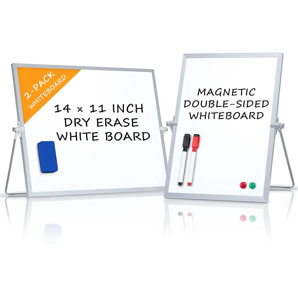 2-Pack Magnetic Dry Erase Whiteboard, Vertical and Horizontal - 14 × 11 Inch Double-Sided Desktop White Board with Stand – Po