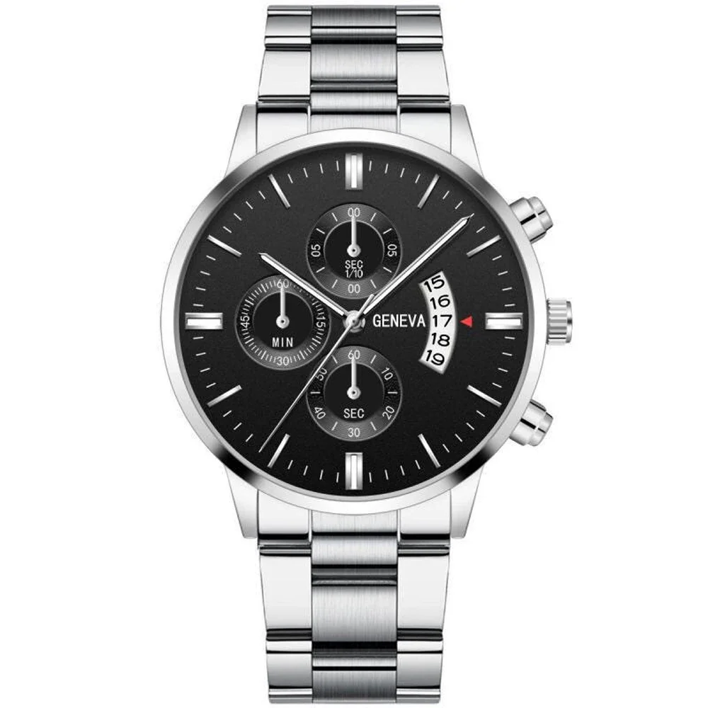 Geneva-Reloj de pulsera de acero inoxidable para hombre, cronógrafo de cuarzo con tres ojos, estilo militar, resistente al agua, para negocios, nuevo