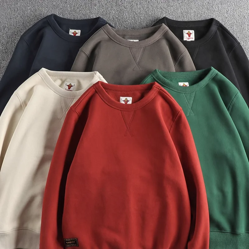 Heavy wool thickened basic solid color wash vintage round neck hoodie men\'s autumn and winter comfort warm top