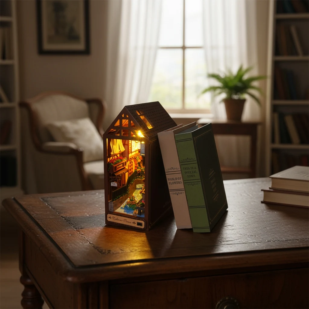 ชุดทำเอง 2-in-1 บ้านตุ๊กตาและมุมอ่านหนังสือไม้ OUZEY - ชุดประกอบโมเดลพร้อมไฟ LED ของตกแต่งบ้าน ของขวัญประกอบเอง