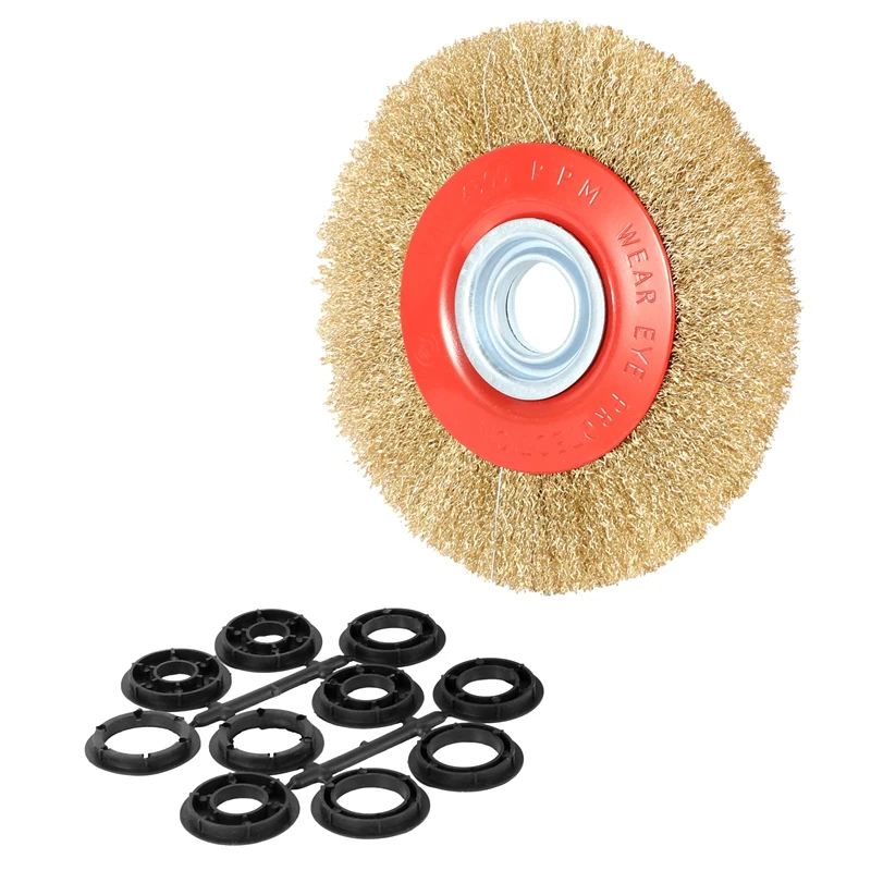 1Pcs 8 Inch 200Mm Steel Flat Wire Wheel Brush With 10Pcs Adaptor Rings For Bench Grinder Polish