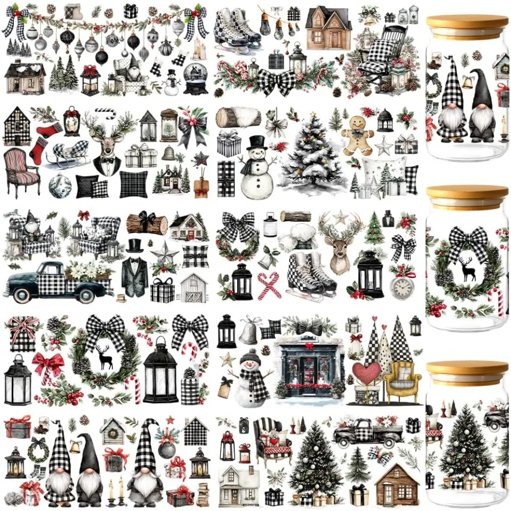 100 Stück Winter UV DTF Becherummantelungen Weihnachtselemente UV DTF Abziehbilder Wasserfeste Transferaufkleber