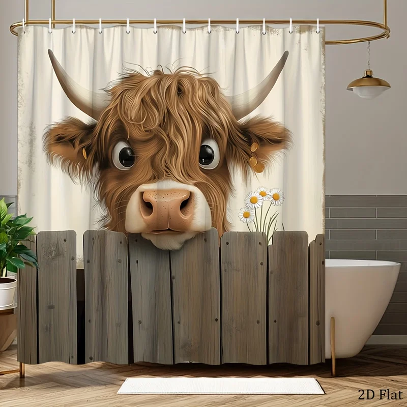 1pc Fun Highland Cow Shower Curtain with 12 Hooks,, Featuring a Cow Peeking Over a Wooden Fence with Daisy Pattern, Multiple Siz