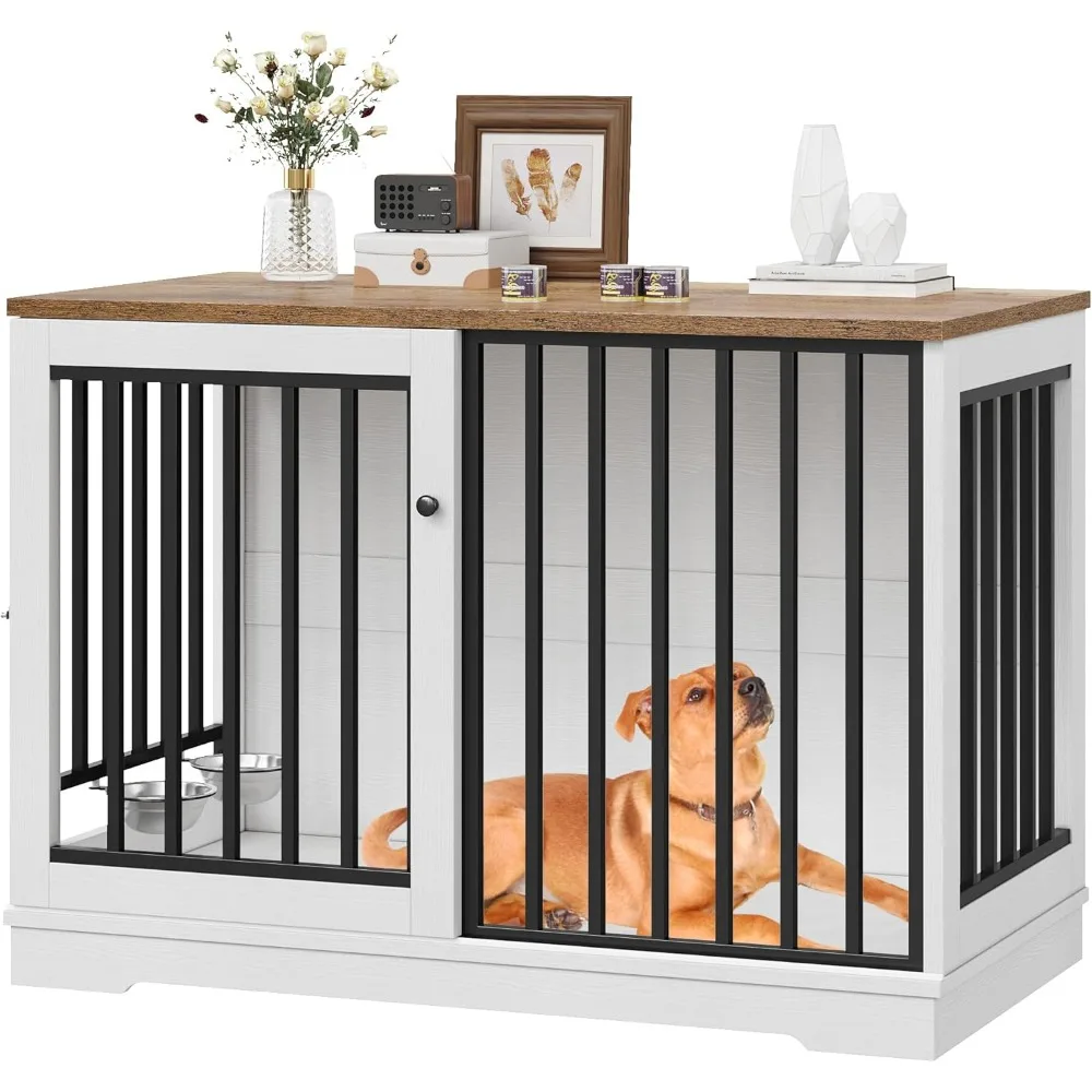 

47” Large Dog Crate Furniture, Heavy Duty Dog Kennel Indoor with Sliding Door and 2 Adjustable Bowls, Rustic Wooden Dog Cage