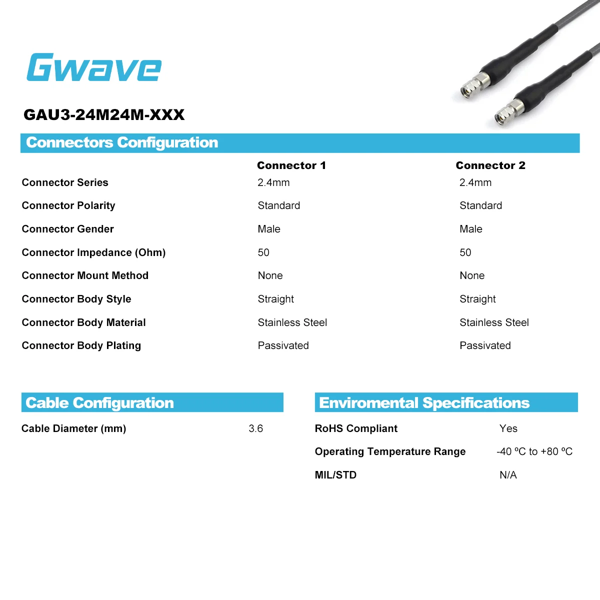 2.4mm Male To 2.4mm Male Coaxial Cable 3507 Series Low Loss & Phase Stable Flexible For DC-40GHz Communication