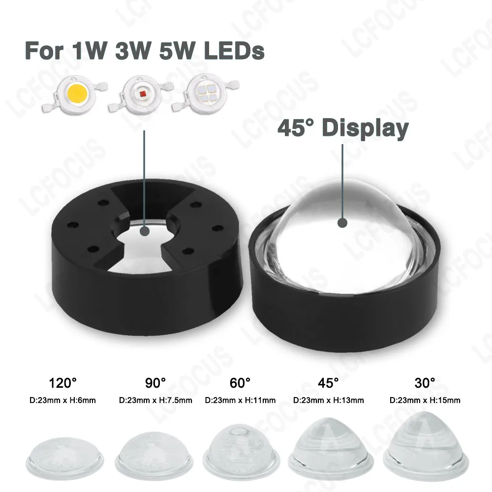 45 60 90 120 Degrees LED Glass Lens Reflector Collimator 23mm Lenes with Black White Holder For 1W 3W 5W IR UV LIght Beads