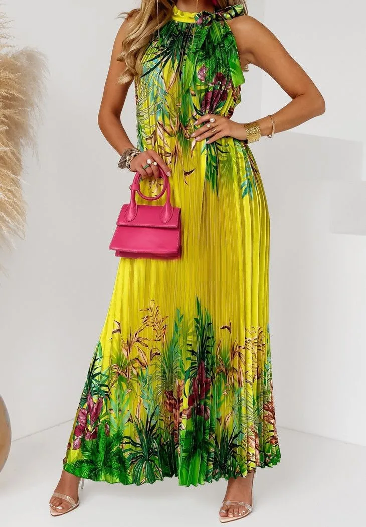 

Bohemian pleated print beach dress 2023 Summer loose sleeveless stand collar halter lace-up loose yellow maxi dress