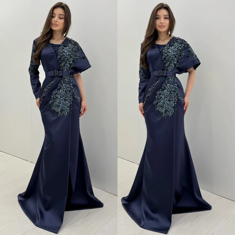 Customized Luxury Satin Evening Dress Delicate Long Sleeves O-Neck Prom Dresses Temperament Appliques Special Occasion Gowns