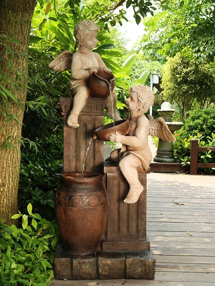 European style angel fountain landscape, outdoor flowing water decorations, entering the home, garden layout, courtyard