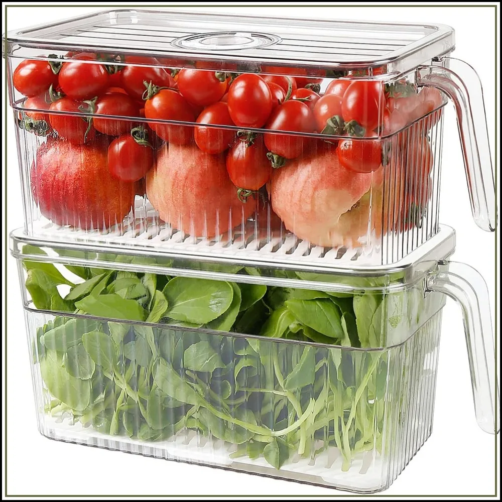 2 Pack Produce Saver Containers for Fridge, Stackable Veggie Keeper with Drain Tray, 10x5.3x5.2 Inch