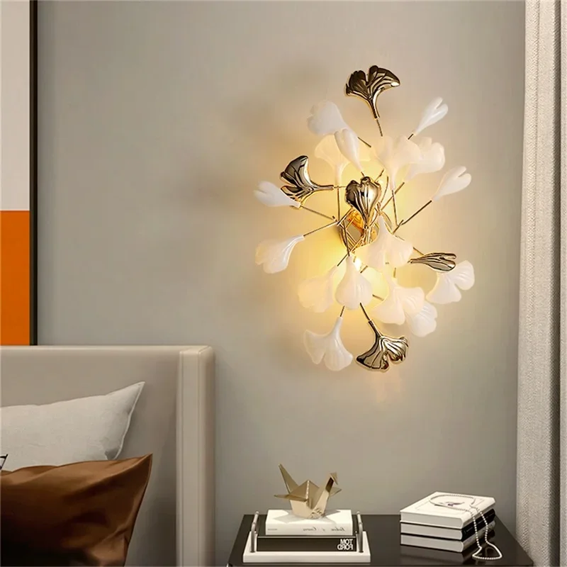 Imagem -03 - Nordic Ginkgo Led Wall Lamp Folha Quarto Hotel Arandelas Modernas Arte Decoração Ouro Cabeceira Corredor Iluminação Interior g9