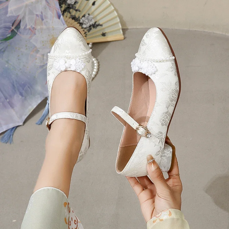 

Chinese Style Silk Jacquard Low Heeled Pumps Princess Studded Pearls Horse Face Skirt Cheongsam Han Party Girls Shoes7-12+y