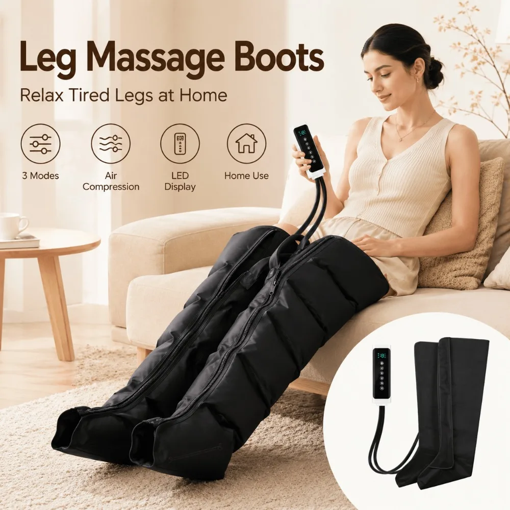 Air Compression Leg Massager, Pneumatic Massage Boots with Remote Control, 3 Intensities for Foot Calf Thigh Relaxation Home Use