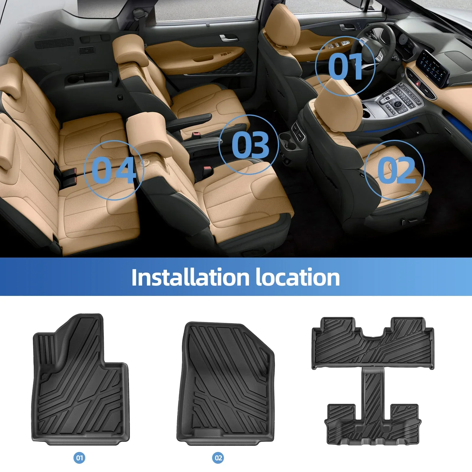 لشركة هيونداي سانتا في (غير هجين) 7 مقاعد 2021 - 2023 TPE ثلاثية الأبعاد الحصير سيارة بطانة البضائع وسادة صندوق السيارة الدفة اليسرى الأسود #2