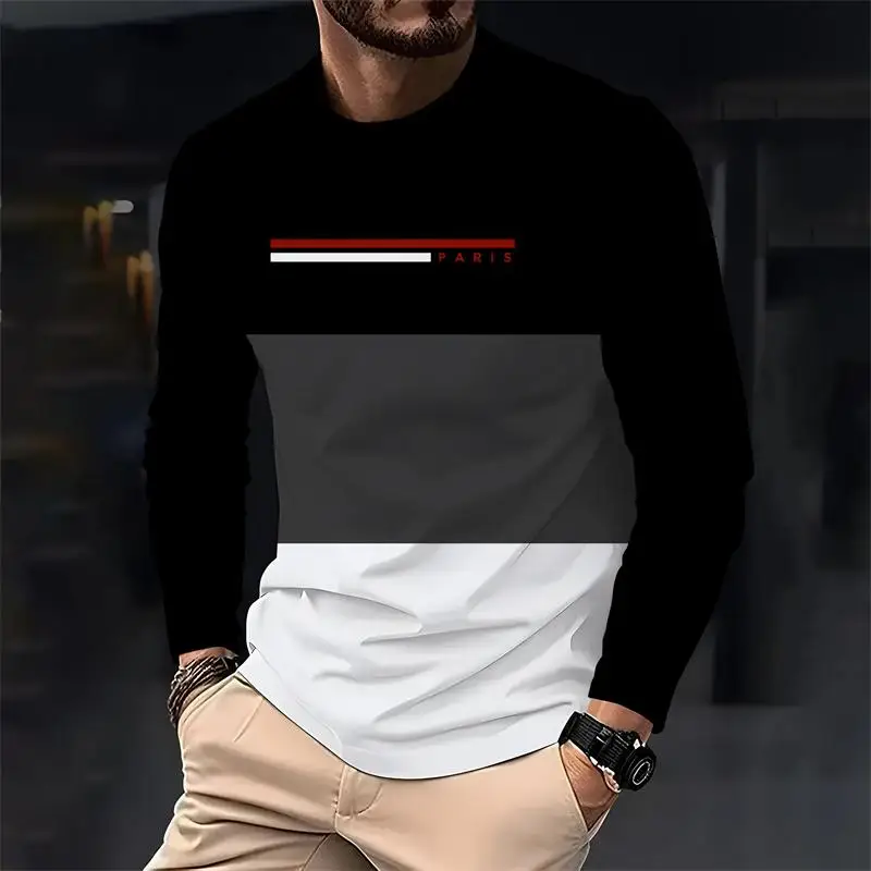 باريس اللون الرجال فضفاضة طويلة الأكمام تي شيرت مطبوع موضة crewneck تي شيرت غير رسمي مريح الرجال الربيع والخريف