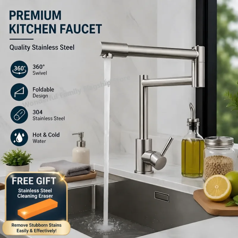 304 Stainless Steel Kitchen Faucet,360° Rotating Foldable Extendable Sink Mixer Tap, Hot Cold Water Swivel Faucet for Wash Basin