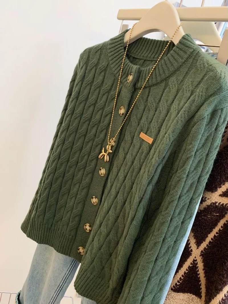 ผู้หญิงสีเขียวTwistedถักรอบคอเสื้อแขนยาวฤดูใบไม้ร่วงและฤดูหนาวเกาหลีElegantใหม่Single-BreastedถักTop 2000
