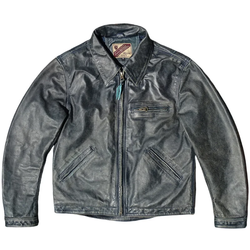 Detroit-Style Vintage American Leather Jacket Enzyme-Aged Tea-Core Workwear for Men's Casual Fashion