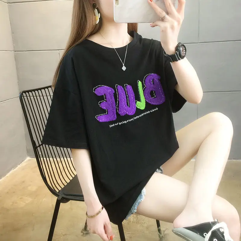 DAYIFUN Summer Cotton T-shirts Large Size Letter Towel Embroidery Design Tshirts Female Student Loose Embroidered Tees Ins Tops