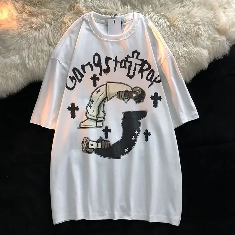 الهيب هوب الكرتون قصيرة الأكمام المتضخم تي شيرت الرجال النساء المعتاد الصيف الاتجاه زوجين أعلى Y2k الجمالية القوطية الشرير الملابس
