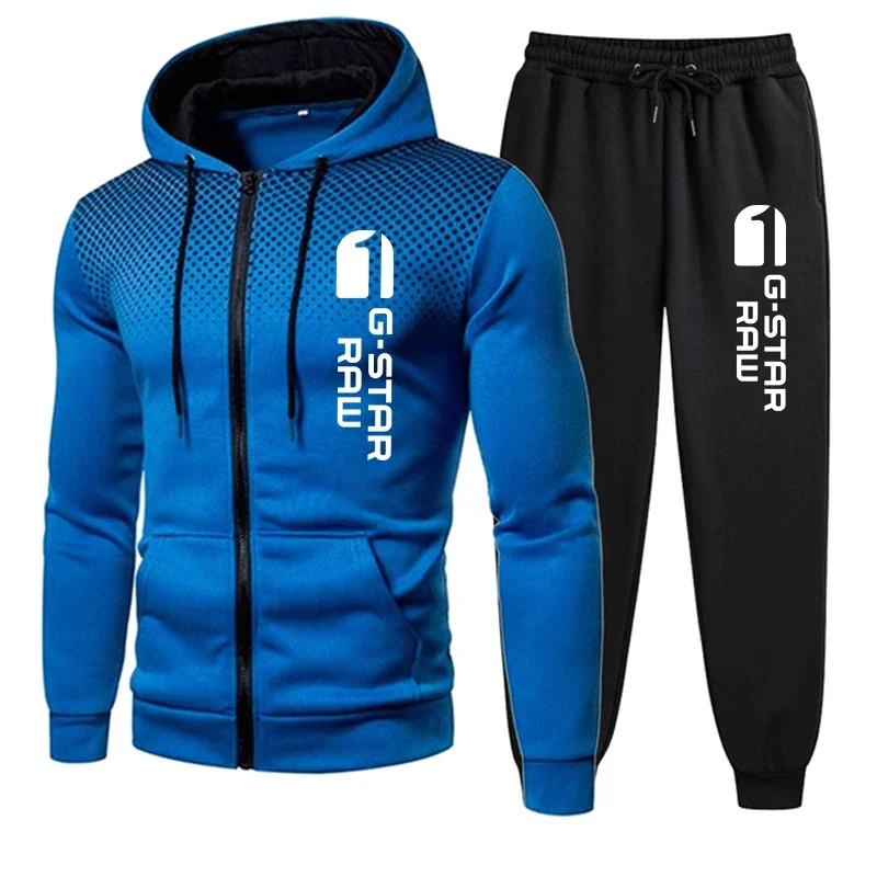 2024 Mens Tracksuits Casual Print Round Dot Zipper Hooded Sweatshirt+Sweatpants Set Autumn Winter High Quality Jogging Clothing